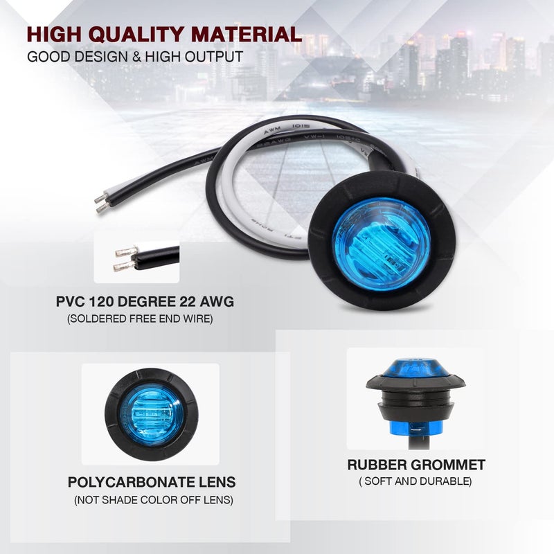 TMH 50 Pcs 3/4 Inch Round Blue LED Side Marker Indicator Lights with Grommet for Truck Lorry Trailer Pickup Van 12V DC Flush Mount 3led - Image 3